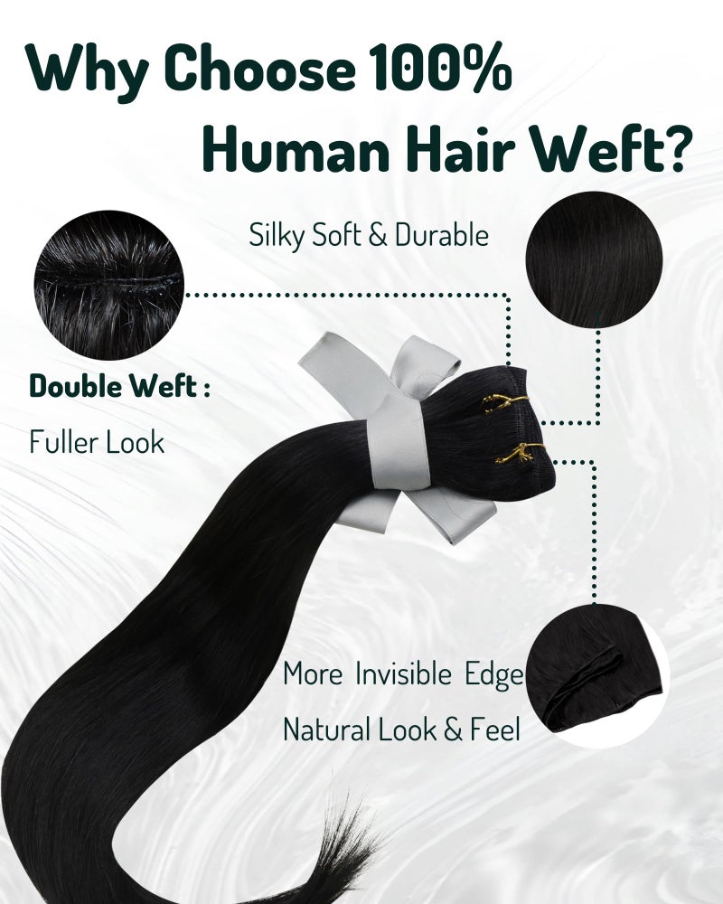 RUNATURE Weft Hair Extensions Black Sew in Human Hair Weft Extensions 14 Inch 100g Thick Weft Human Hair Extensions Jet Black Real Hair Silky Soft, No Shedding Sew in Extensions - Image 4